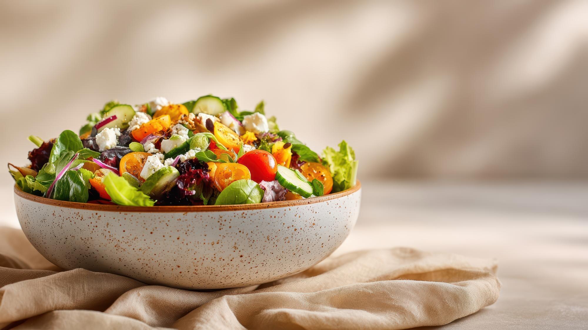 Tazón con ensalada fresca y colorida de verduras, frutas y semillas sobre una mesa de madera